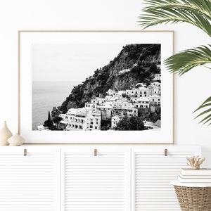 Black and white photography print of Positano Italy along the Amalfi Coast.