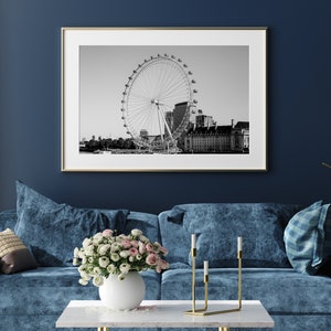 Black and white photography print of the London Eye ferris wheel.