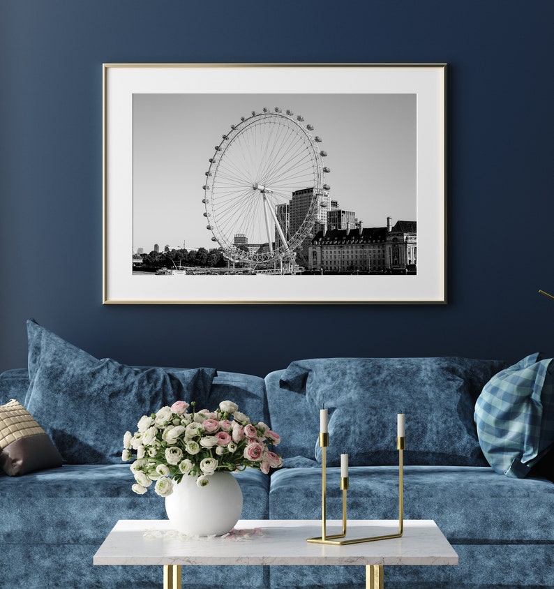 Black and white photography print of the London Eye ferris wheel.