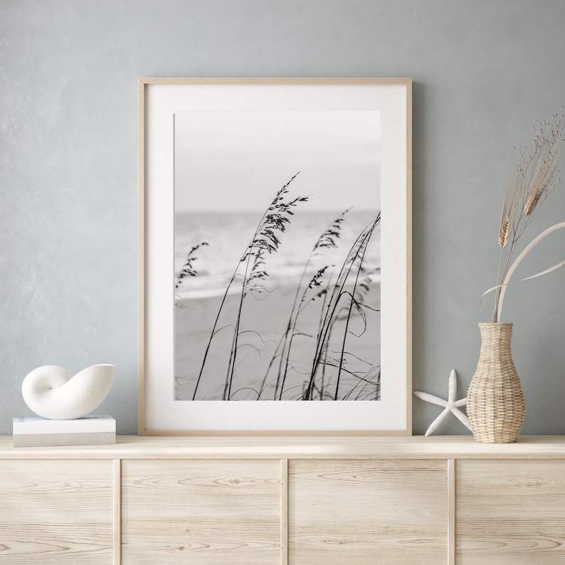 Black and White Beach Print Sea Oats Photo Coastal Decor Neutral Beach House Decor Beach House Wall Art Outer Banks Print image 1