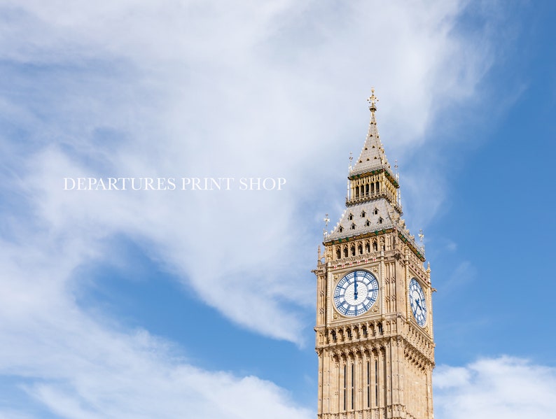 Big Ben London landmark photography print with blue skies and clouds in the background