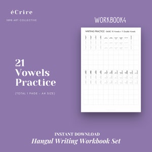 May include: A black and white printable workbook with the title "21 Vowels Practice" and the text "WRITING PRACTICE - BASIC 10 Vowels + 11 Double Vowels". The workbook is designed for practicing writing Korean vowels.