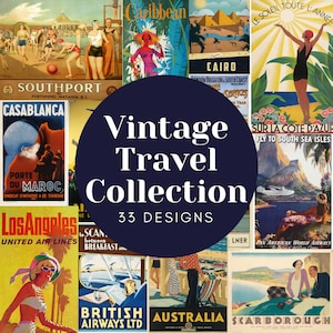 33 Cartazes de viagens vintage / Cartaz de viagens vintage / Cartaz vintage / Viagens vintage / Arte vintage / Cartaz de viagens / Fonte de viagens