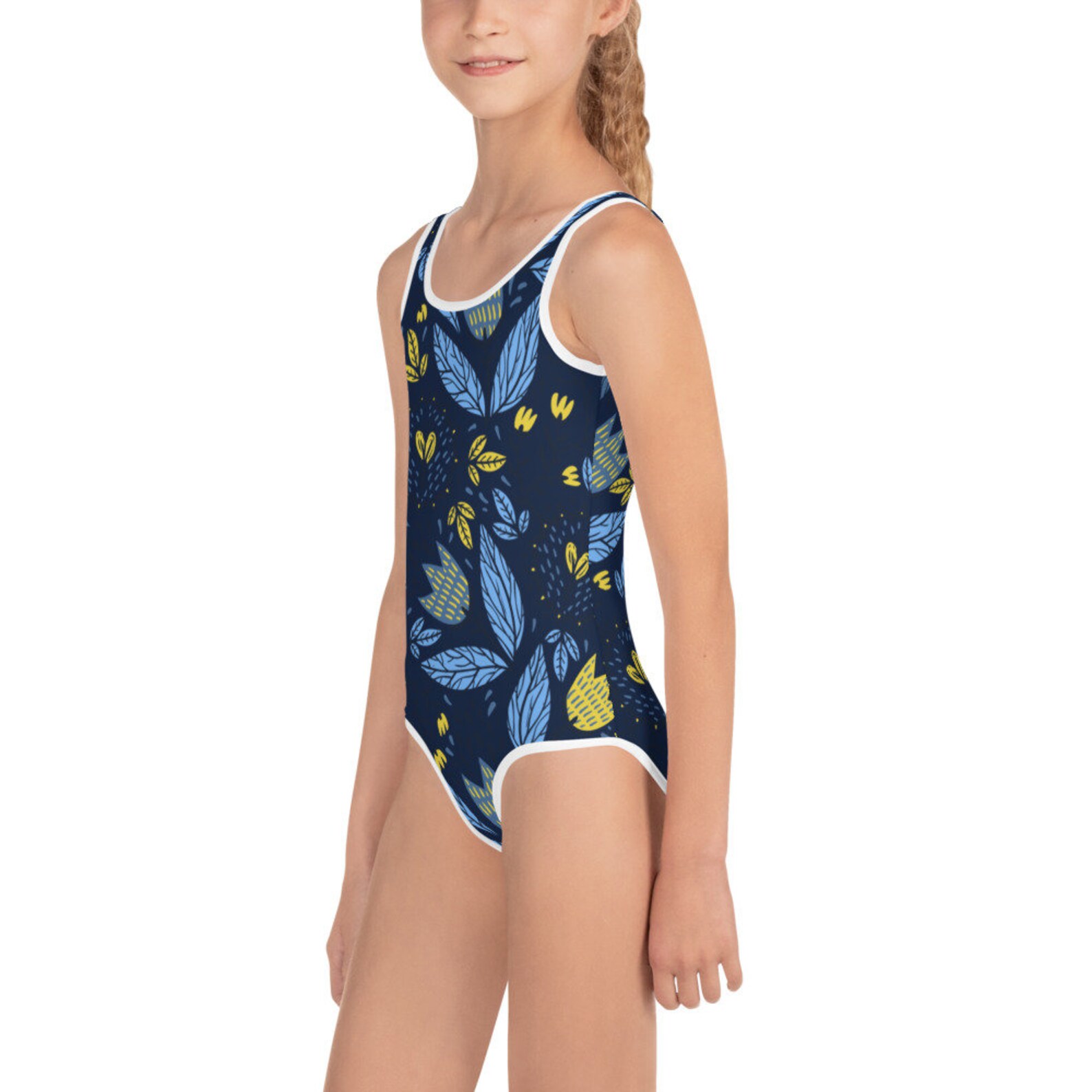 Navy Botanical Girls One Piece Swimsuit Colorful One Piece Etsy