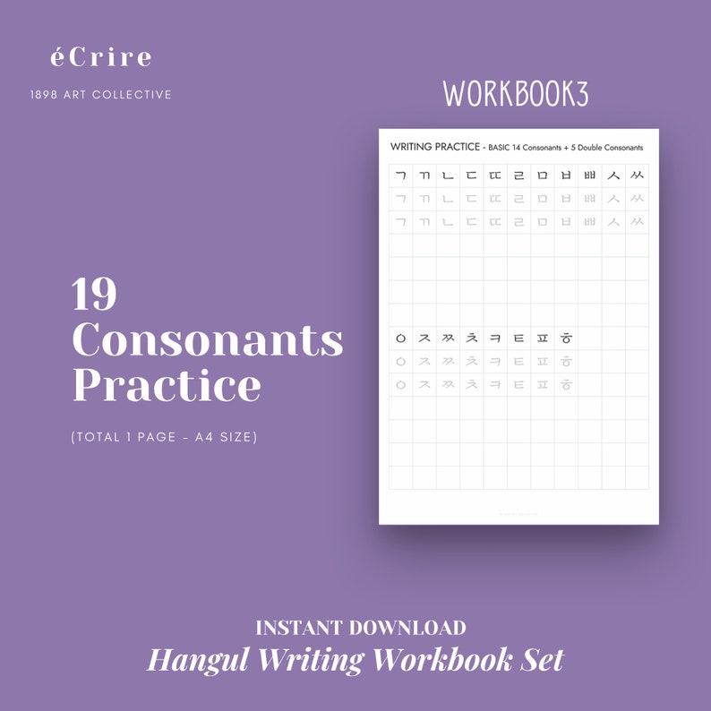 May include: Workbook page with a grid for practicing writing Korean consonants. The page is titled "19 Consonants Practice" and includes the text "WRITING PRACTICE - BASIC 14 Consonants + 5 Double Consonants".