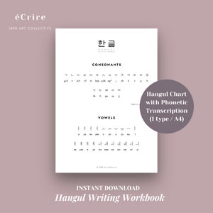 May include: A black and white printable Hangul chart with phonetic transcription. The chart includes the Korean alphabet, consonants, and vowels. The title of the chart is "Hangul Chart with Phonetic Transcription (1 type / A4)".