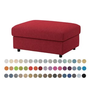 May include: A red upholstered ottoman with a rectangular shape and black legs. The ottoman is made of a textured fabric. A color palette of fabric swatches is displayed below the ottoman.