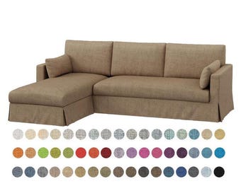 May include: A sectional sofa with a chaise lounge on the left side. The sofa is upholstered in a light brown fabric. A variety of fabric color swatches are displayed below the sofa, offering customization options for the buyer.