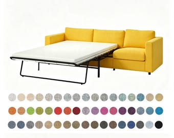 May include: A bright yellow sofa bed with a pull-out mattress section featuring a white surface and a black metal frame. Below the sofa, a grid of numerous small circular fabric swatches displays a wide variety of colors and textures.
