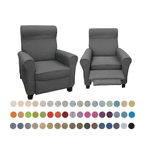May include: Two grey upholstered recliners with wooden legs are shown. One recliner is closed, and the other has its footrest extended. A colour swatch chart with various fabric options is displayed below the chairs.