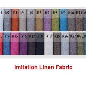 May include: A collection of imitation linen fabric swatches arranged in two rows, labeled I#1 through I#29. The swatches display a variety of solid colors including white, gray, orange, tan, purple, green, blue, red, pink, and black with a woven texture.