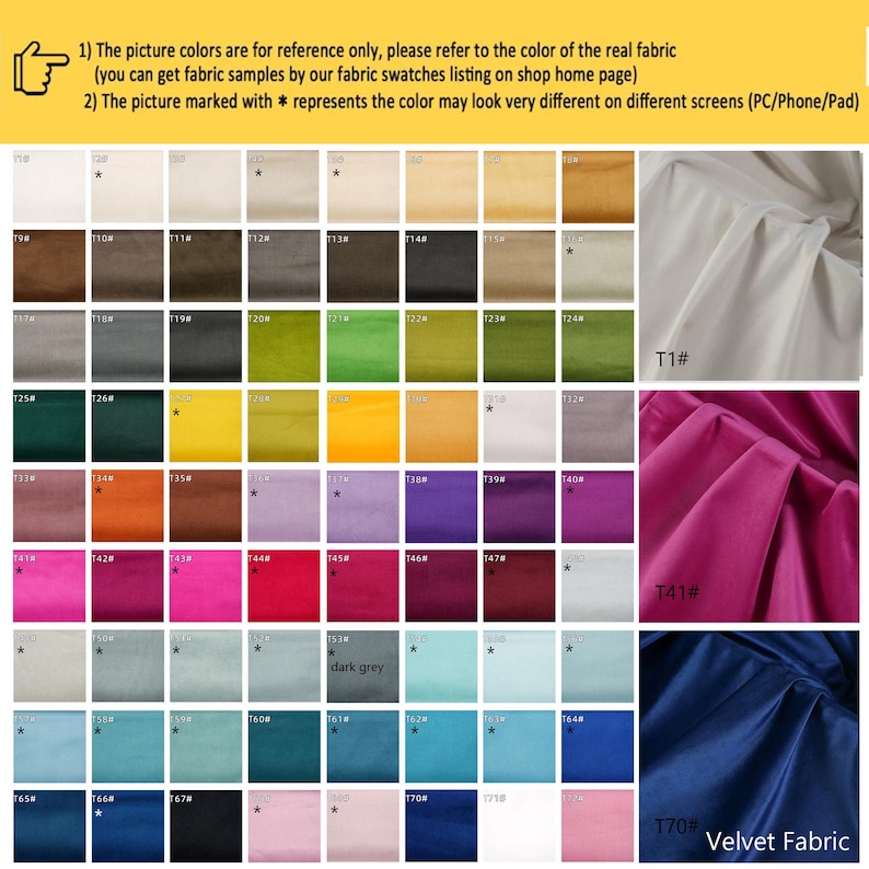 May include: A color chart displaying a grid of numerous fabric swatches in various shades, including white, gray, brown, green, yellow, purple, pink, and blue. The image includes text labels for each color and two larger fabric samples labeled T1, T41, and T70.