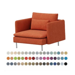 May include: A burnt orange armchair with a matching pillow and silver legs. The armchair is upholstered in a textured fabric.
