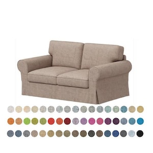 May include: A beige two-seater sofa with a tufted back and rolled arms. The sofa is upholstered in a textured fabric and has a skirt around the bottom. The image shows a variety of fabric swatches in different colors and patterns.
