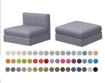 May include: A gray upholstered modular chair and ottoman set. The chair has a backrest and a square seat. The ottoman is a low, square footrest. A color swatch of various fabric options is displayed below the furniture.