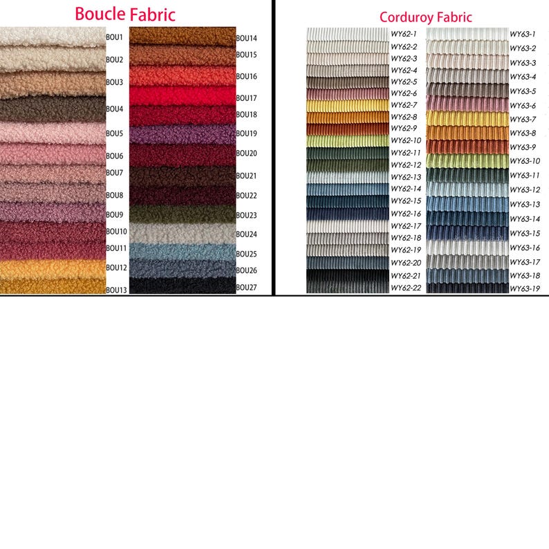 May include: A fabric swatch chart displaying two categories: Boucle Fabric and Corduroy Fabric. The Boucle section features 27 textured, looped-yarn samples in various colors labeled BOU1 to BOU27. The Corduroy section shows 41 ribbed fabric samples labeled WY62-1 to WY62-22 and WY63-1 to WY63-19 in a wide range of colors.