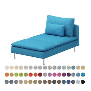 May include: A turquoise chaise longue with a matching pillow and bolster. The modern design features a low profile, metal legs, and a tufted seat. A colour palette of fabric swatches is displayed below the lounge.