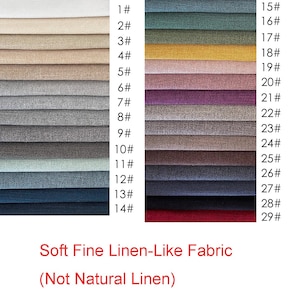 May include: A color swatch chart displaying twenty-nine fabric samples in various shades, including white, beige, gray, blue, green, yellow, pink, purple, brown, black, and red. Each swatch is numbered 1# through 29#. Text reads: Soft Fine Linen-Like Fabric (Not Natural Linen).