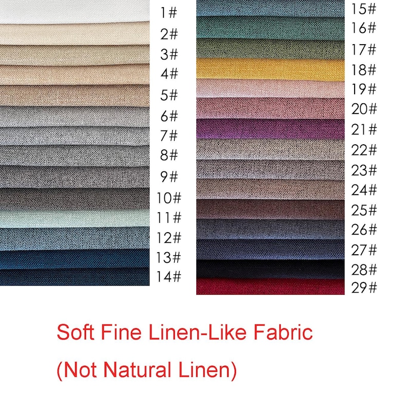 May include: A color swatch chart displaying twenty-nine fabric samples in various shades, including white, beige, gray, blue, green, yellow, pink, purple, brown, black, and red. Each swatch is numbered 1# through 29#. Text reads: Soft Fine Linen-Like Fabric (Not Natural Linen).