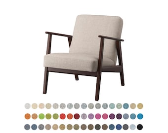 May include: A mid-century modern armchair with a light beige fabric seat and back. The chair has dark brown wooden arms and legs. A color palette of fabric swatches is displayed below the chair.