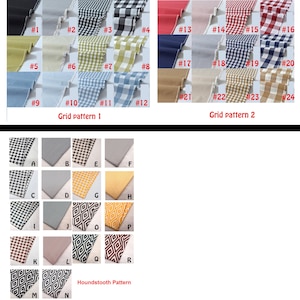 May include: A collection of fabric swatches featuring various grid, gingham, and houndstooth patterns in a wide array of colors including black, red, blue, yellow, and beige. The image is organized into sections labeled Grid pattern 1, 2, and Houndstooth Pattern.