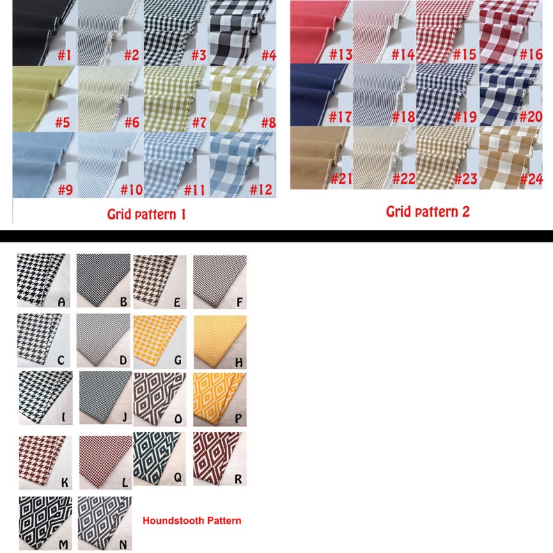 May include: A collection of fabric swatches featuring various grid, gingham, and houndstooth patterns in a wide array of colors including black, red, blue, yellow, and beige. The image is organized into sections labeled Grid pattern 1, 2, and Houndstooth Pattern.