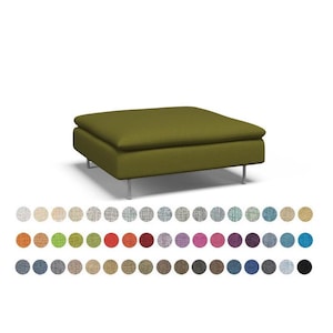 May include: A square ottoman with a green fabric cover and silver legs. The ottoman is shown against a white background. The image also shows a variety of fabric swatches in different colours and patterns.