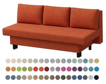 May include: An orange futon sofa with three back cushions and black legs. The sofa is shown in a studio setting with a white background. A color swatch of fabric samples is shown below the sofa.
