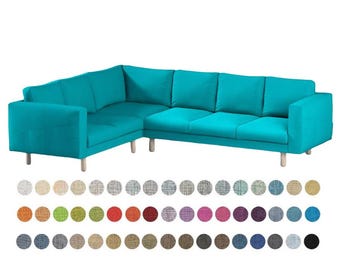 May include: A turquoise blue sectional sofa with four cushions and wooden legs. The sofa is shown against a white background with a variety of fabric swatches in different colors and patterns.