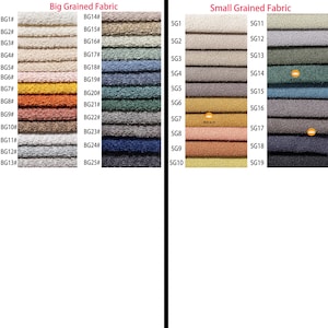 May include: A fabric swatch color chart featuring Big Grained Fabric labeled BG1 through BG25 and Small Grained Fabric labeled SG1 through SG19. The display shows a variety of textured textile samples in neutral, warm, and cool color tones.