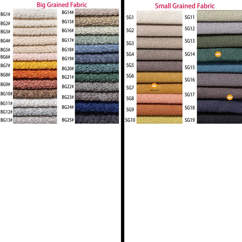 May include: A fabric swatch color chart featuring Big Grained Fabric labeled BG1 through BG25 and Small Grained Fabric labeled SG1 through SG19. The display shows a variety of textured textile samples in neutral, warm, and cool color tones.