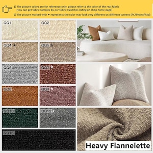 May include: A color chart displaying fifteen textured fabric swatches labeled QQ1 through QQ15, including shades of cream, beige, gray, brown, rust, green, and black. The image also features square throw pillows on a sofa and a close-up of fabric.