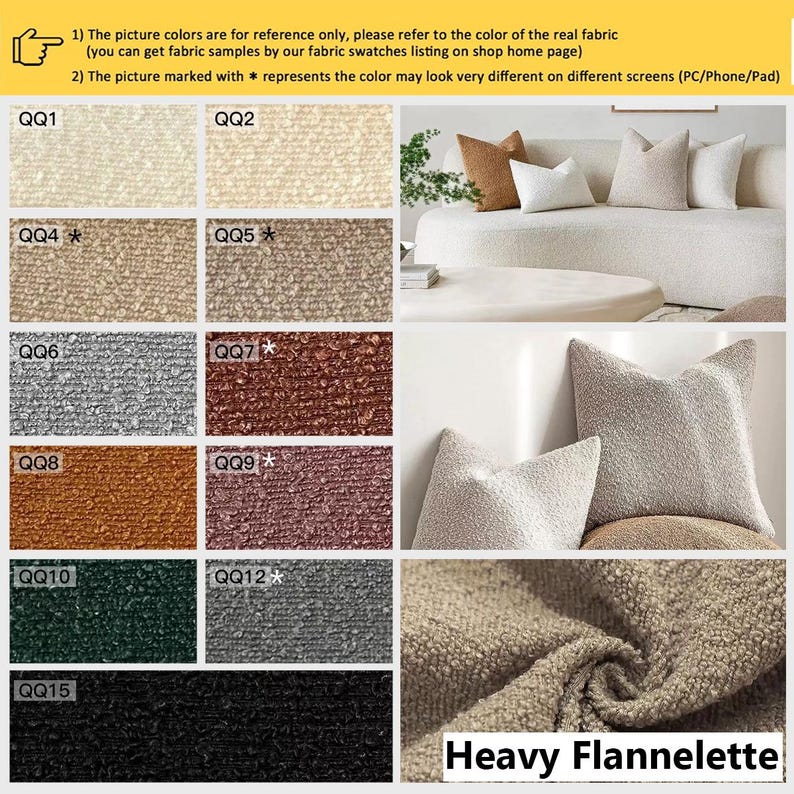 May include: A color chart displaying fifteen textured fabric swatches labeled QQ1 through QQ15, including shades of cream, beige, gray, brown, rust, green, and black. The image also features square throw pillows on a sofa and a close-up of fabric.