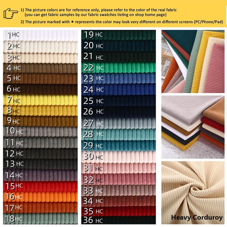 May include: A color chart displaying thirty-six swatches of heavy corduroy fabric, each labeled with a number and the letters HC. The image includes additional views of stacked and draped fabric samples in various colors and textures.