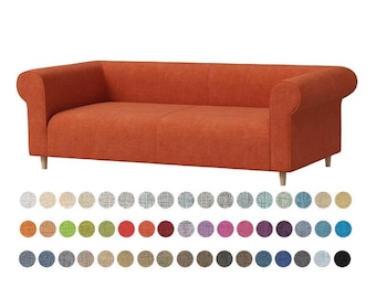 May include: An orange two-seater sofa with rounded armrests and light-colored wooden legs. A color palette of fabric swatches is displayed below the sofa, offering various upholstery options.
