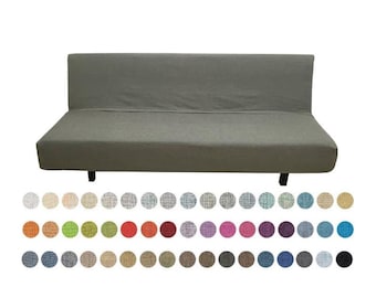 May include: A grey futon sofa with a low back and black legs. Below the sofa are colour swatches in various shades, including beige, orange, green, and blue. The sofa is a neutral colour, suitable for various interior design styles.