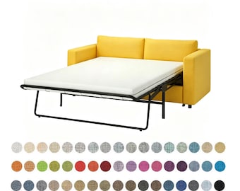 May include: A bright yellow sofa bed with a pull-out mattress section extended forward. The sofa features a solid yellow upholstered frame and backrest, supported by a black metal frame structure. Below the sofa are many small circular color swatches.