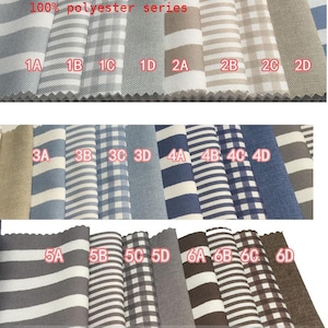 May include: A collection of fabric swatches labeled 1A through 6D, featuring various patterns including stripes, gingham checks, and solid textures. The text 100% polyester series is visible at the top. The swatches display neutral tones of gray, beige, blue, and brown.