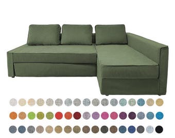 May include: A green sectional sofa with three cushions. The sofa is a pull-out bed. The sofa is available in a variety of colors and fabrics.