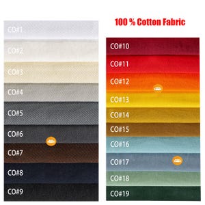 May include: A color swatch chart displaying 19 strips of 100% Cotton Fabric labeled CO#1 through CO#19. The palette includes white, beige, gray, brown, black, red, orange, yellow, gold, light blue, slate, sage green, and dark green fabric samples.