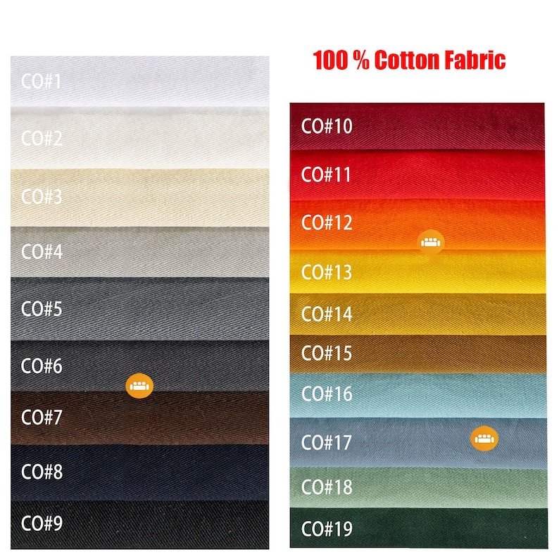 May include: A color swatch chart displaying 19 strips of 100% Cotton Fabric labeled CO#1 through CO#19. The palette includes white, beige, gray, brown, black, red, orange, yellow, gold, light blue, slate, sage green, and dark green fabric samples.
