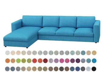 May include: A turquoise sectional sofa with a chaise lounge on the left side. The sofa has a simple, modern design with a textured fabric. A color swatch chart is displayed below the sofa, showcasing various fabric options.