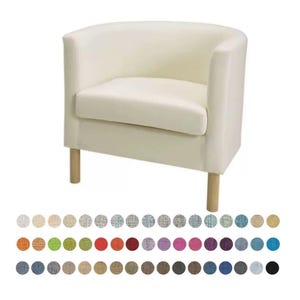 May include: Cream-colored, curved-back armchair with light wood legs. The chair has a rounded back and armrests. A selection of fabric swatches in various colors are displayed below the chair, offering customization options for the upholstery.