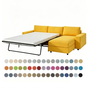 May include: A bright yellow sectional sofa with a pull-out bed mechanism and a chaise lounge. The sofa features a white mattress extended outward on a black metal frame. Below the sofa, there are three rows of small circular fabric swatches in various colors.