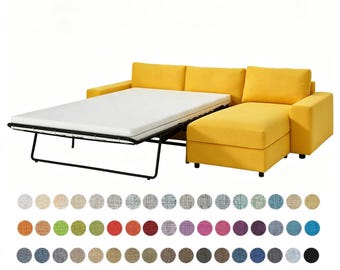 May include: A bright yellow sectional sofa with a pull-out bed mechanism and a chaise lounge. The sofa features a white mattress extended outward on a black metal frame. Below the sofa, there are three rows of small circular fabric swatches in various colors.