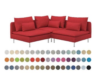 May include: A red sectional sofa with three pillows. The sofa has a low profile and is made of a soft, textured fabric. The sofa is on a white background.
