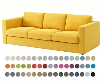 May include: A three-seat sofa upholstered in bright yellow fabric with straight armrests and three back cushions. Below the sofa, a grid of sixty-six small circular fabric swatches displays a wide variety of colors and textures available.