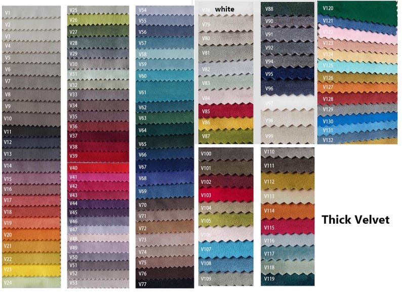 May include: A color chart displaying a wide variety of thick velvet fabric swatches, each with a pinked edge and a unique alphanumeric code ranging from V1 to V132. The collection includes shades of gray, red, blue, green, yellow, and pink.