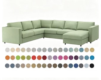 May include: A light green sectional sofa with a chaise lounge on the right side, featuring a clean-lined design with back cushions and seat cushions. Below the sofa, there is a grid of circular fabric swatches in various colors and textures.