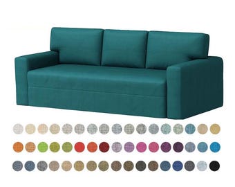 May include: A teal-colored three-seat sofa with a simple, modern design. The sofa has a rectangular shape with a low back and armrests. A selection of fabric swatches in various colors are displayed below the sofa.